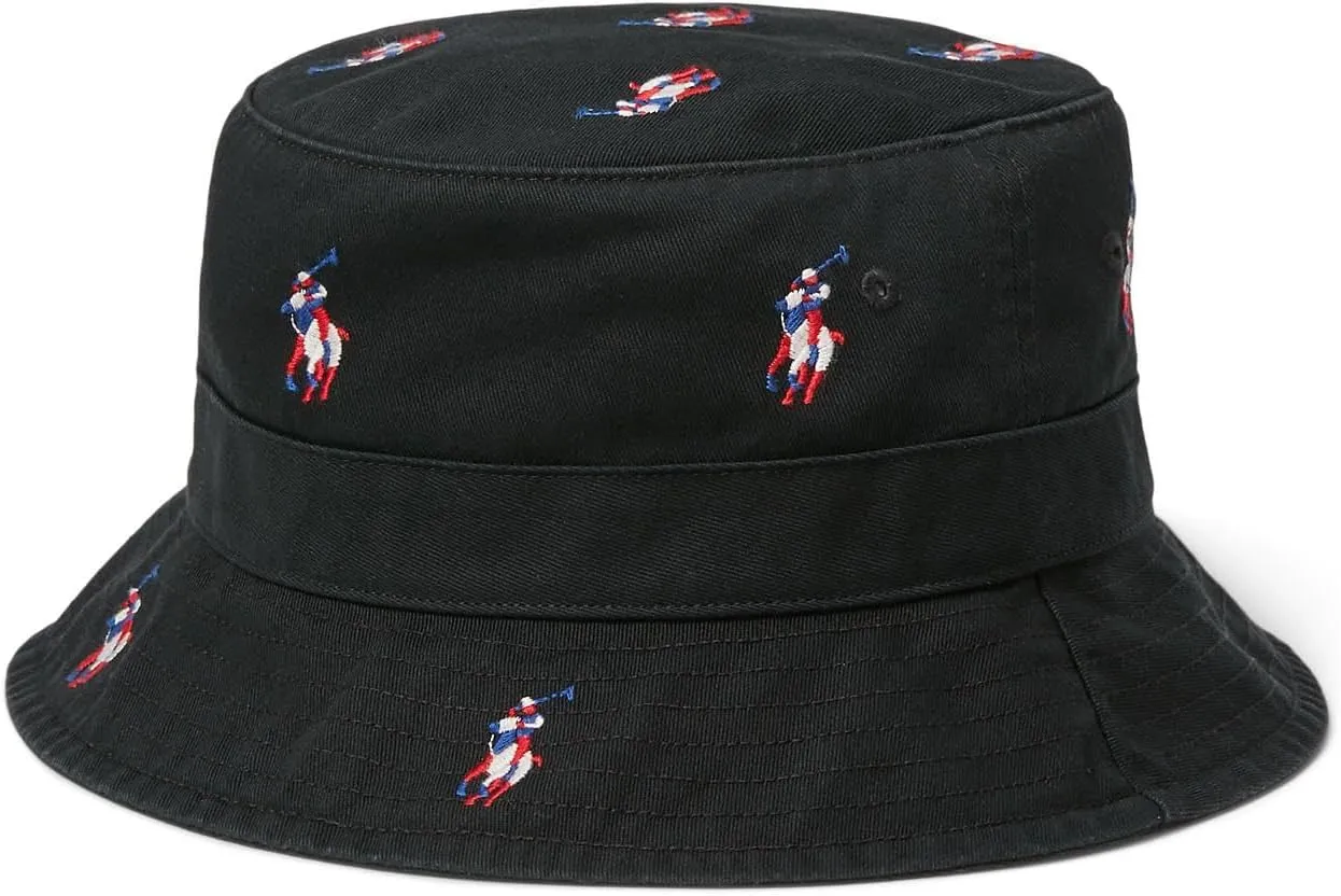POLO RALPH LAUREN Twill Bucket Hat Polo Black with Multi Pp All Over Embroidery LG/XL