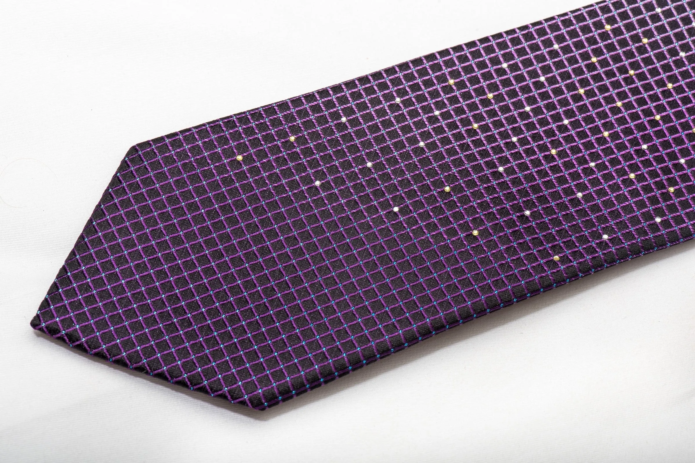 Premierlux Men's Silk Rhinestone Tie Lattice On Purple With Blue Sparkles