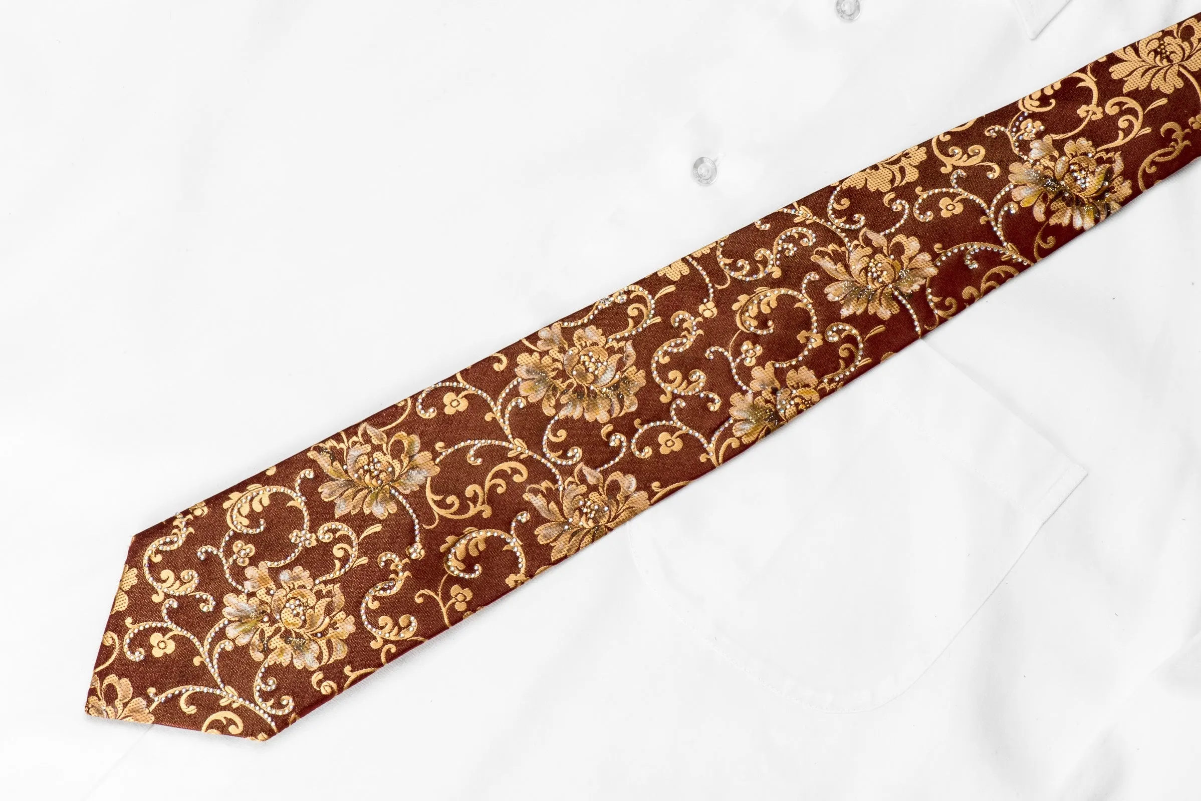 Renoma Men's Crystal Silk Tie Golden Floral On Brown With Sparkles