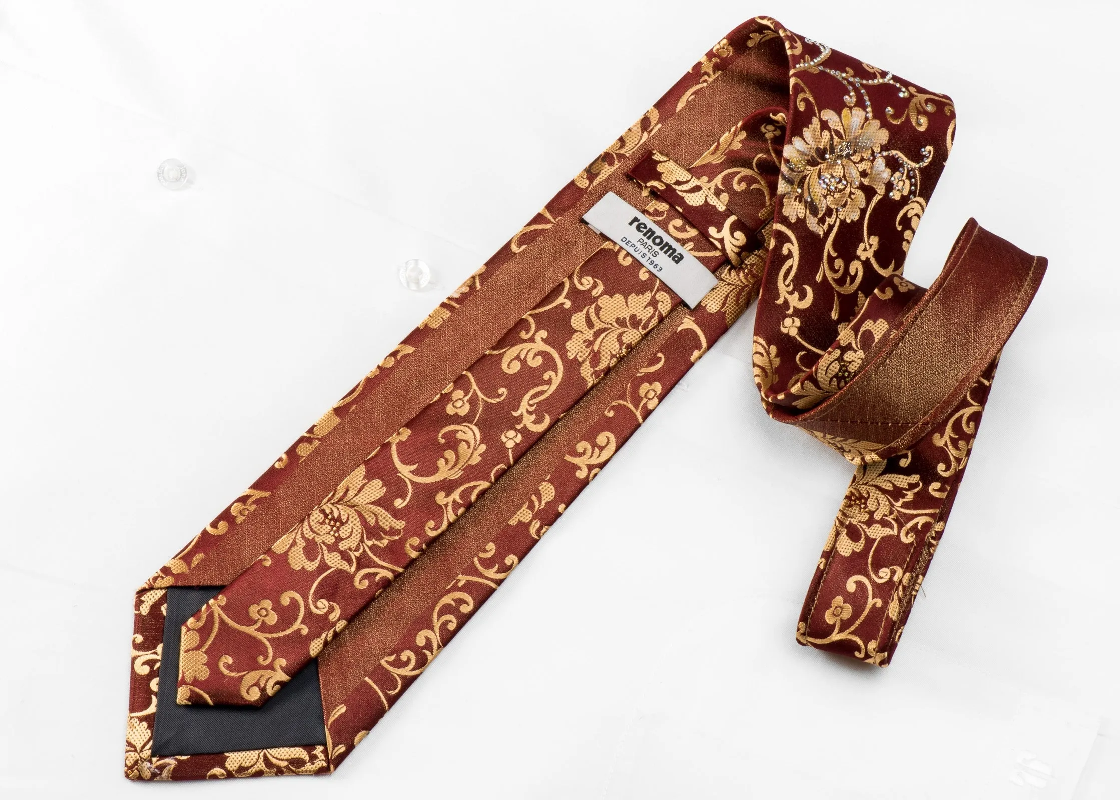 Renoma Men's Crystal Silk Tie Golden Floral On Brown With Sparkles
