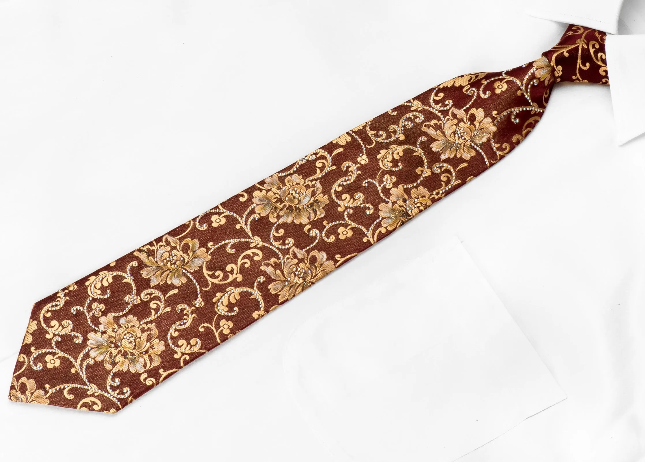 Renoma Men's Crystal Silk Tie Golden Floral On Brown With Sparkles