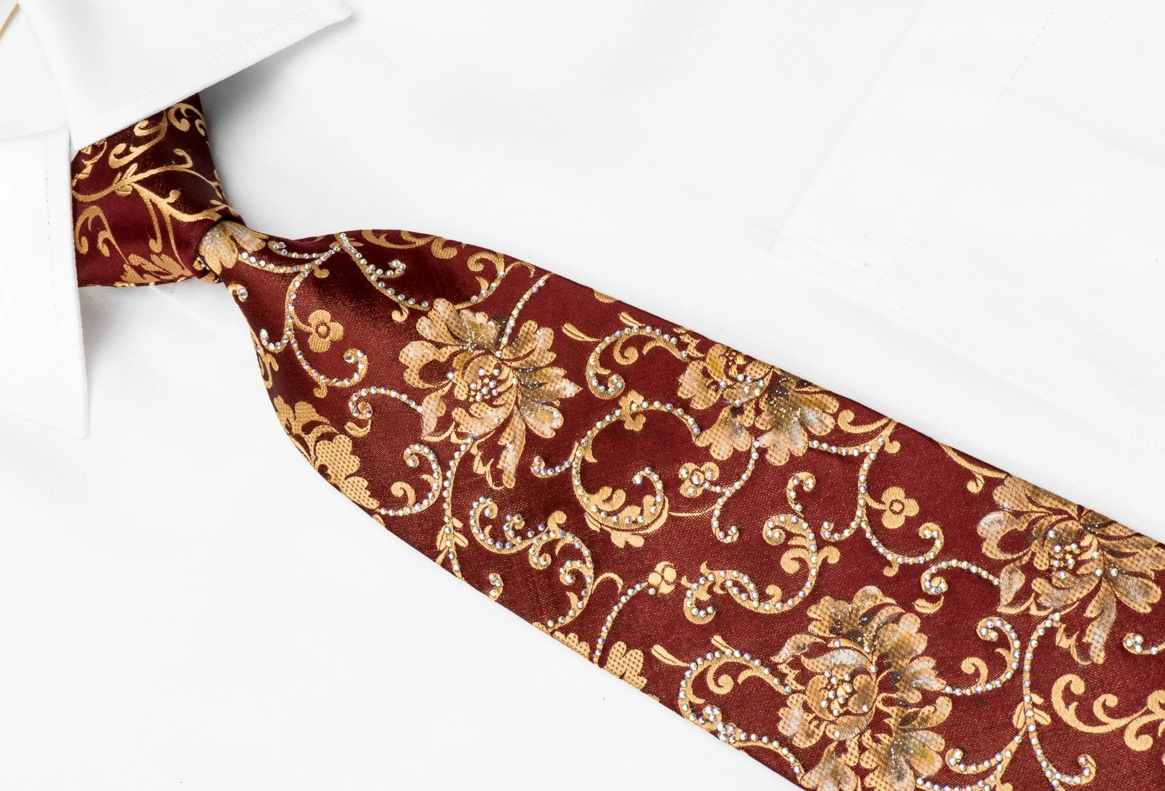 Renoma Men's Crystal Silk Tie Golden Floral On Brown With Sparkles
