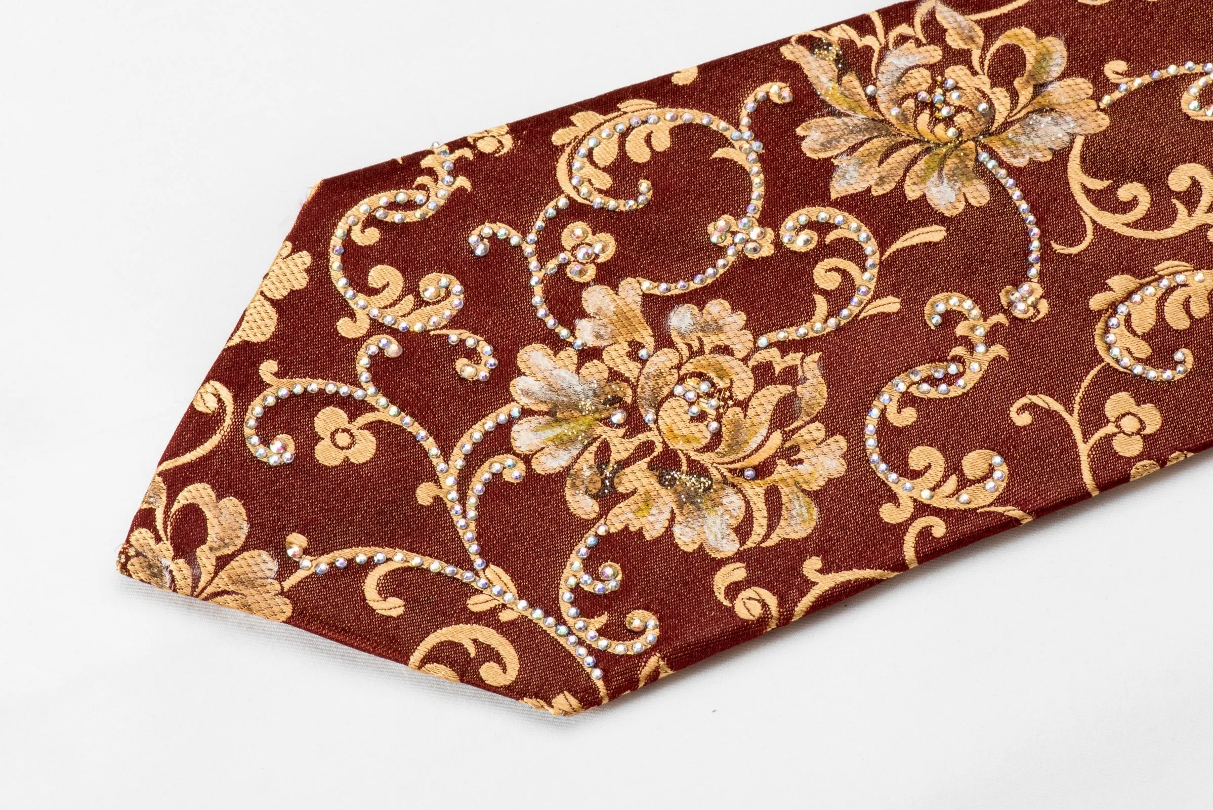 Renoma Men's Crystal Silk Tie Golden Floral On Brown With Sparkles