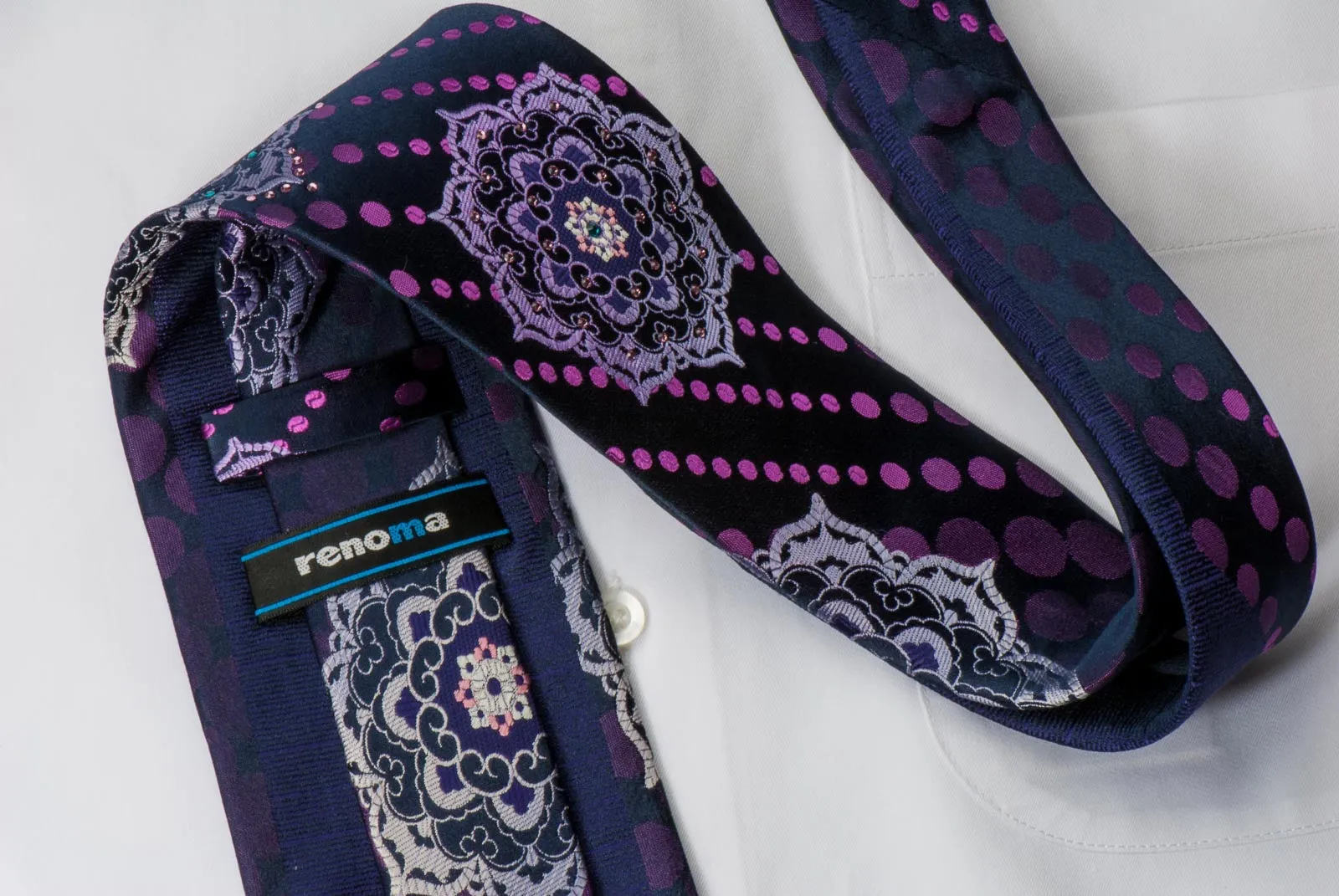 Renoma Men's Silk Necktie Silver Medallions On Navy Blue With Crystal Rhinestones
