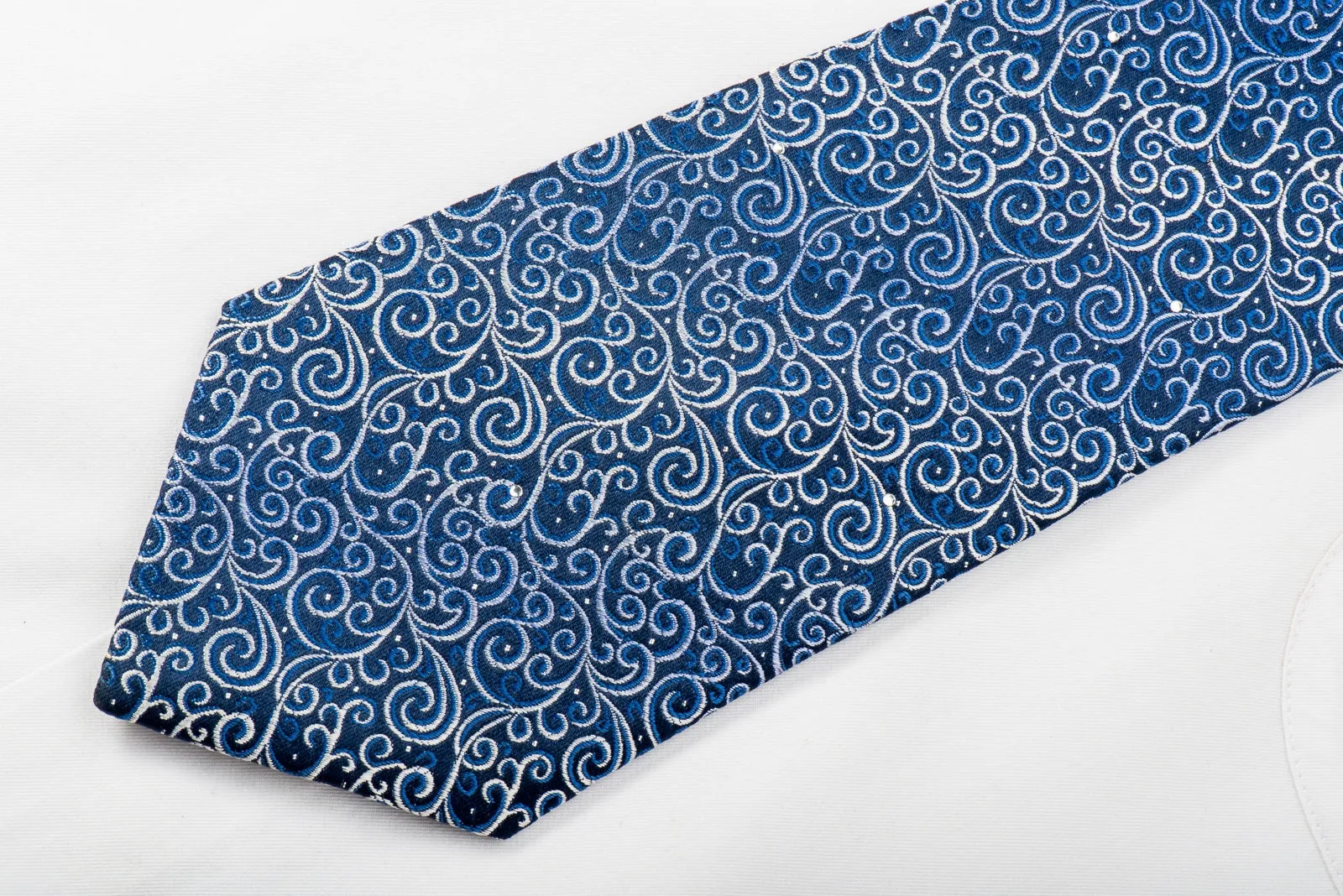 Renoma Rhinestone Silk Necktie Filigree On Blue