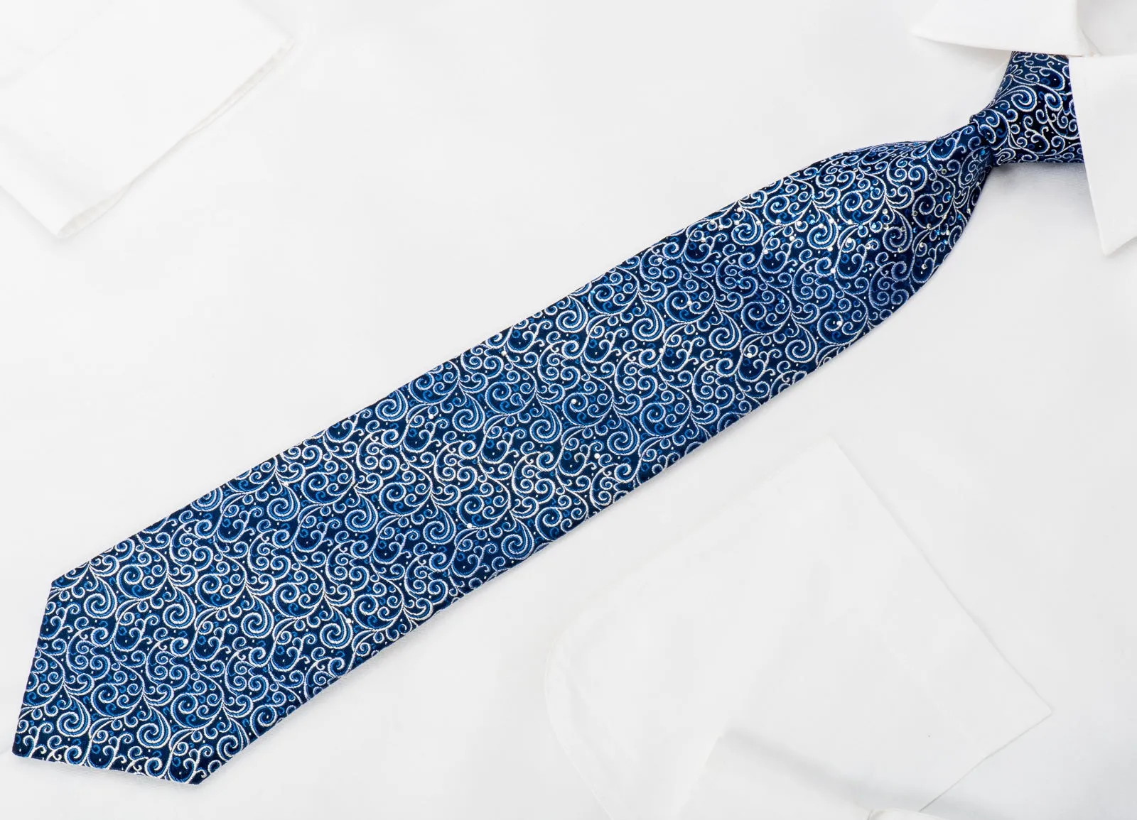 Renoma Rhinestone Silk Necktie Filigree On Blue