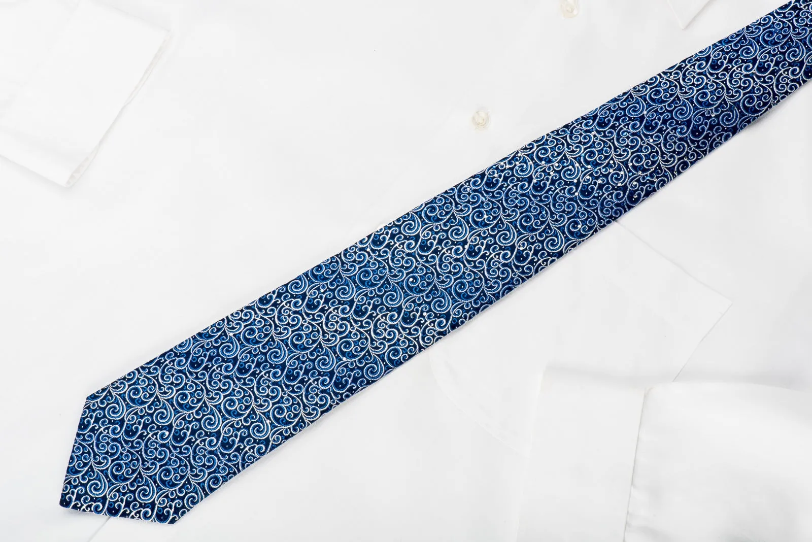 Renoma Rhinestone Silk Necktie Filigree On Blue