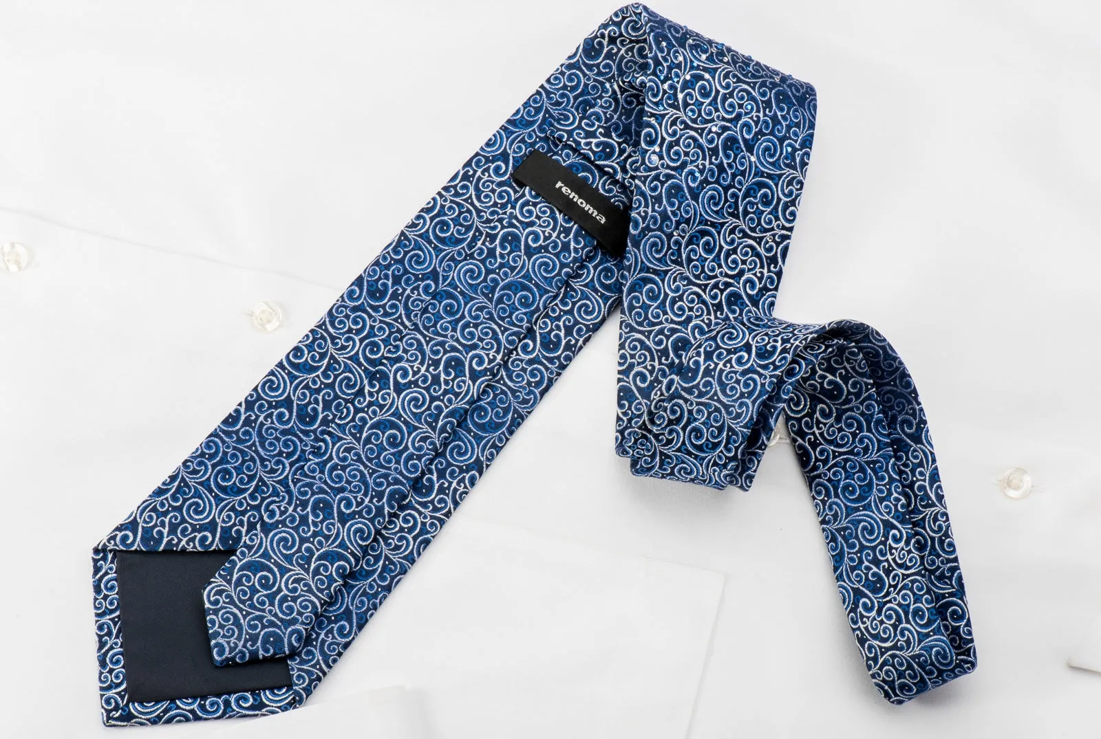 Renoma Rhinestone Silk Necktie Filigree On Blue