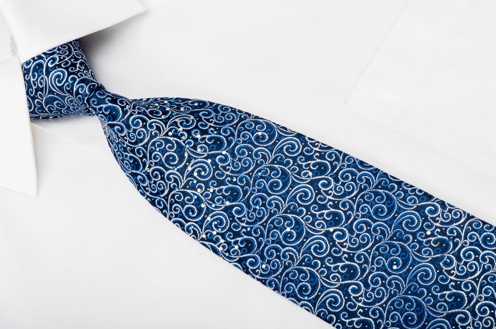 Renoma Rhinestone Silk Necktie Filigree On Blue