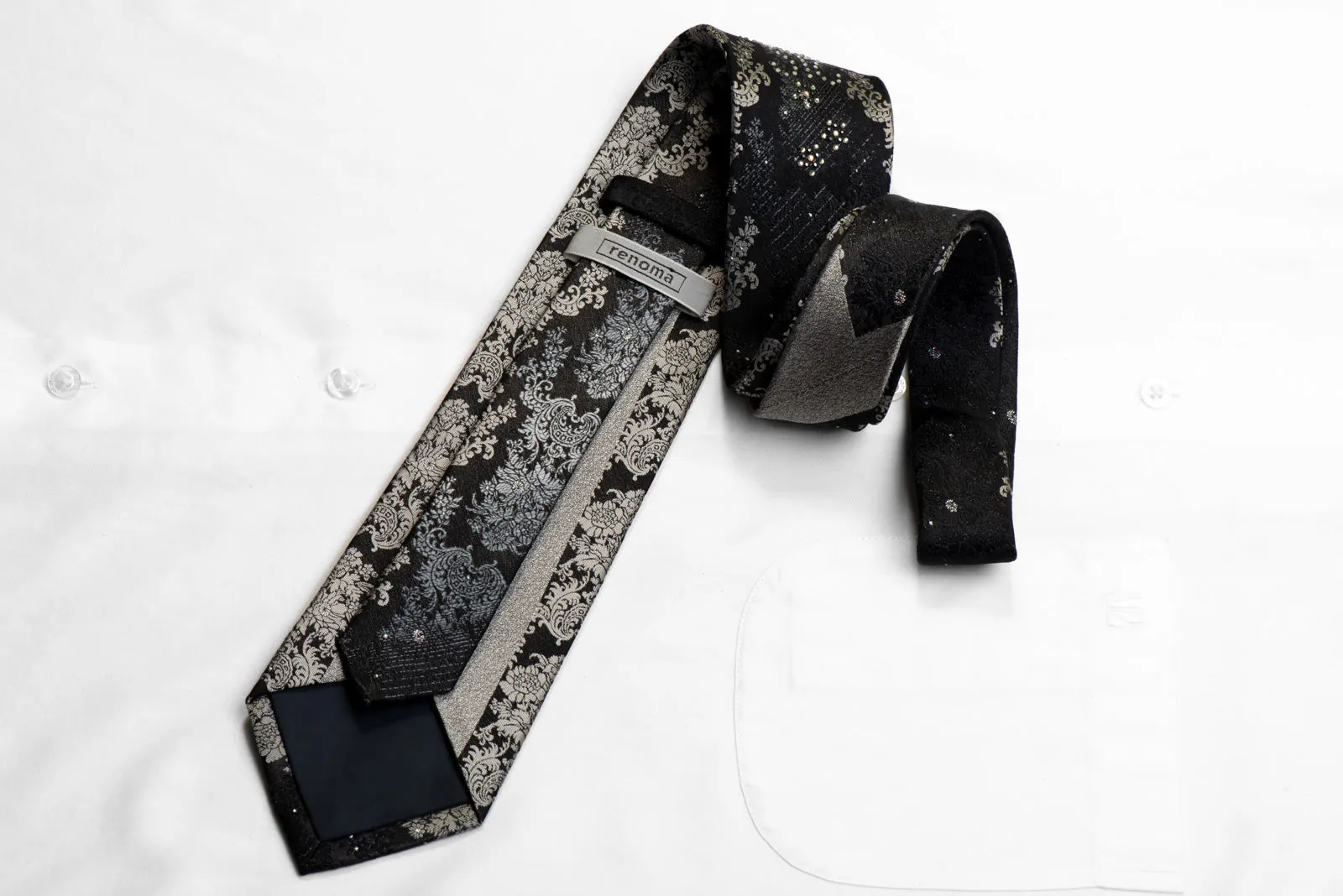 Renoma Rhinestone Silk Necktie Silver Damask On Black With Sparkles