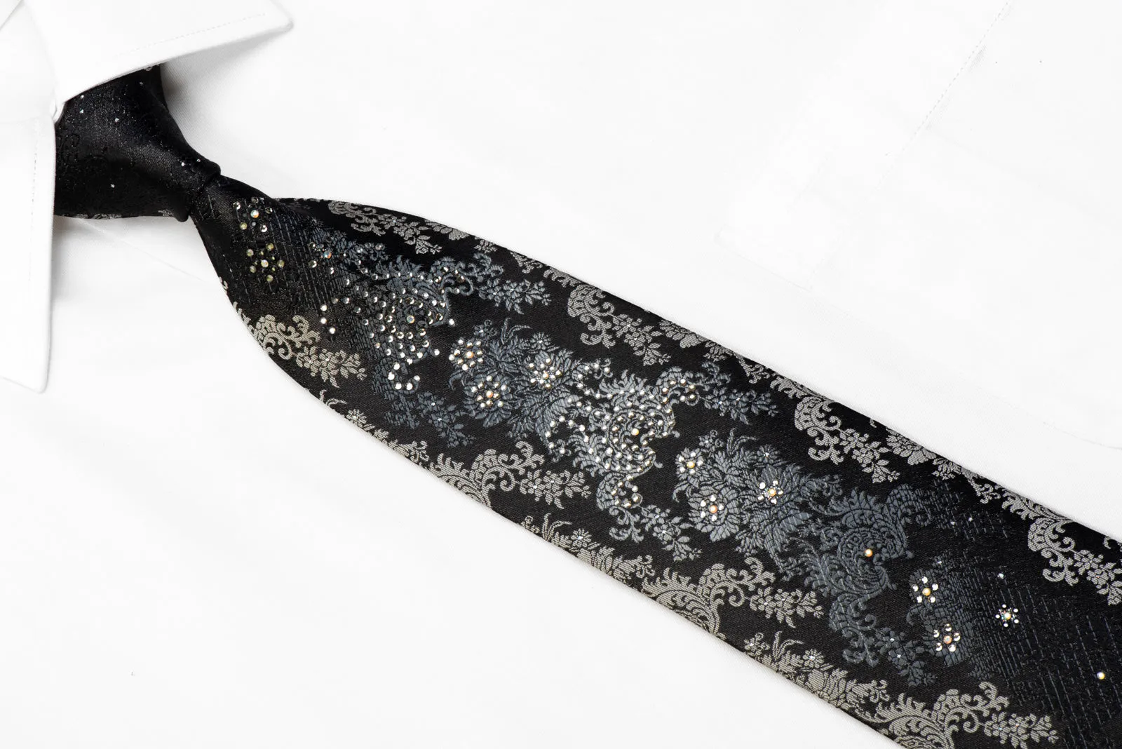 Renoma Rhinestone Silk Necktie Silver Damask On Black With Sparkles