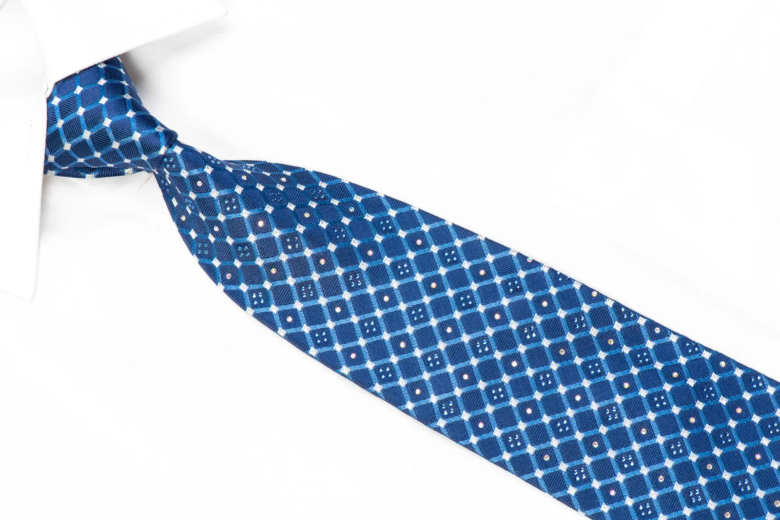 Renoma Rhinestone Silk Necktie Trellis On Blue With Sparkles