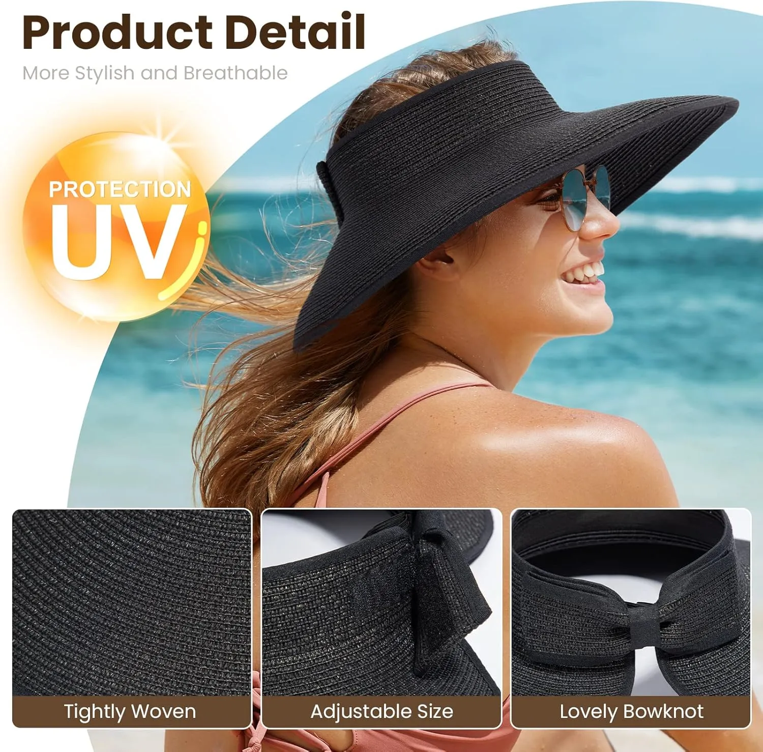 Sun Visors for Women Wide Brim Straw Hat Women Beach Visor Hats for Women Uv Protection Foldable Sun Hat Women Beach Hat