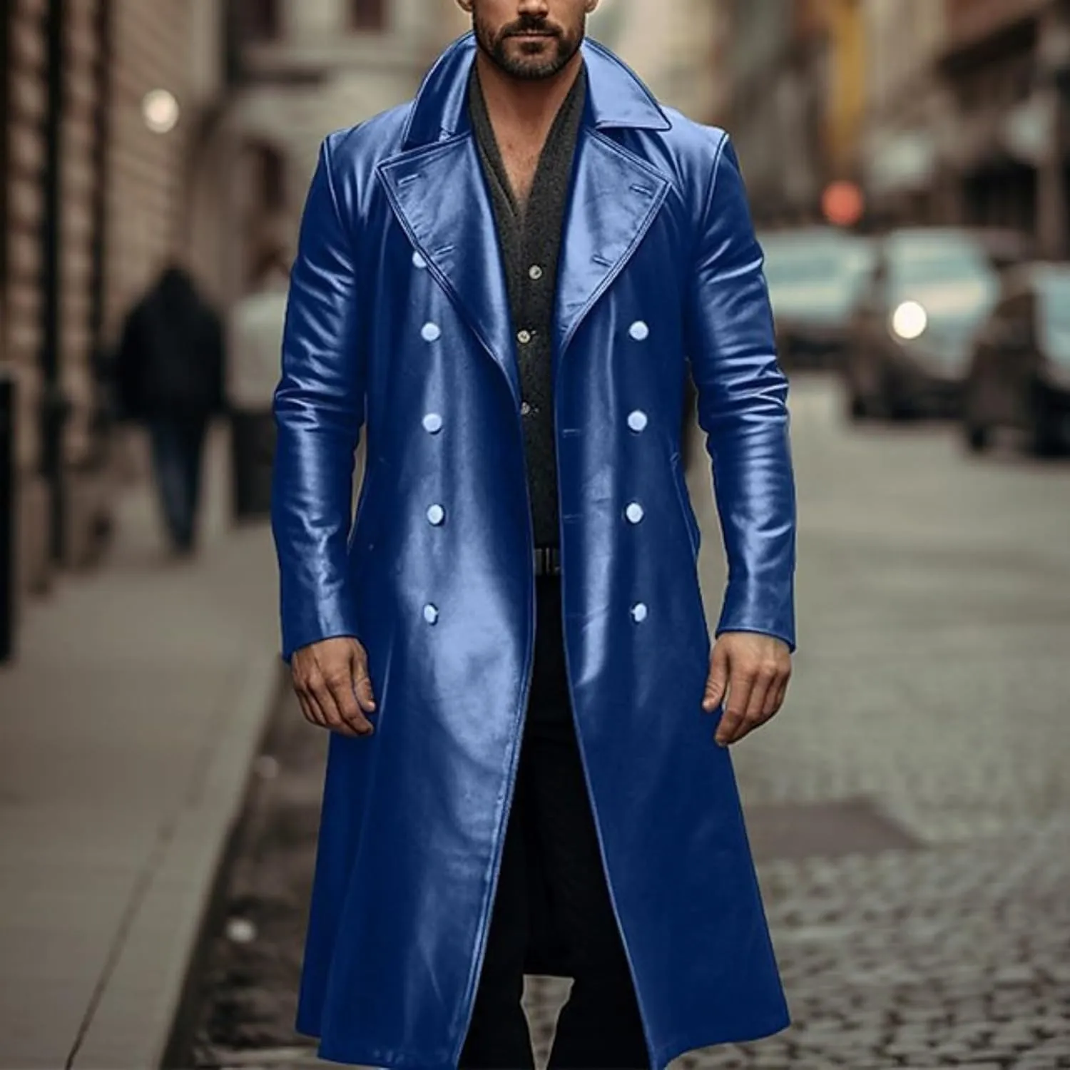 Thatrich Mens Winter Motorcycle Jacket Long Faux Leather Coat Moto Bomber Jacket Steampunk Overcoat Vintage Windbreaker Coats