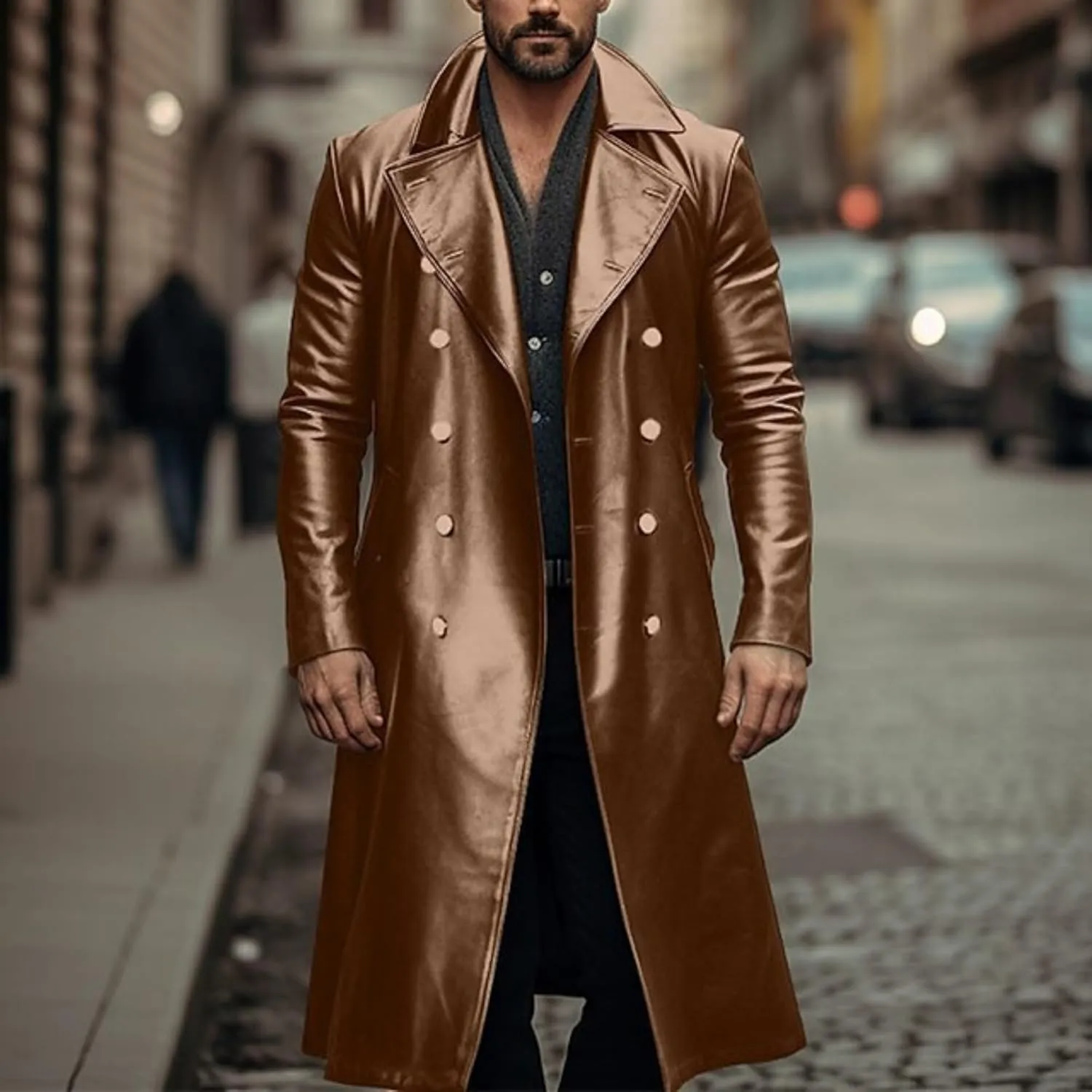 Thatrich Mens Winter Motorcycle Jacket Long Faux Leather Coat Moto Bomber Jacket Steampunk Overcoat Vintage Windbreaker Coats
