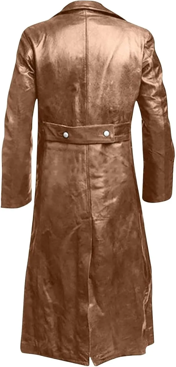 Thatrich Mens Winter Motorcycle Jacket Long Faux Leather Coat Moto Bomber Jacket Steampunk Overcoat Vintage Windbreaker Coats