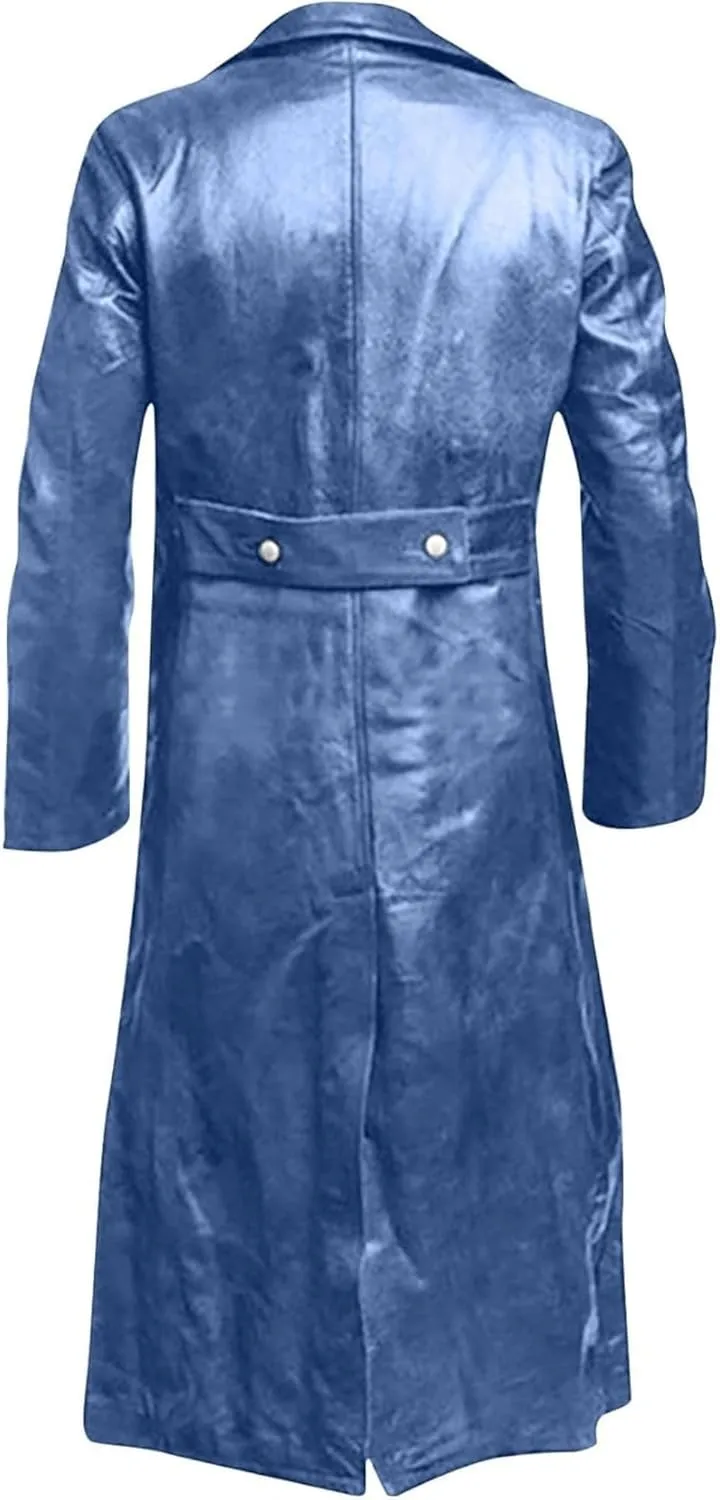 Thatrich Mens Winter Motorcycle Jacket Long Faux Leather Coat Moto Bomber Jacket Steampunk Overcoat Vintage Windbreaker Coats
