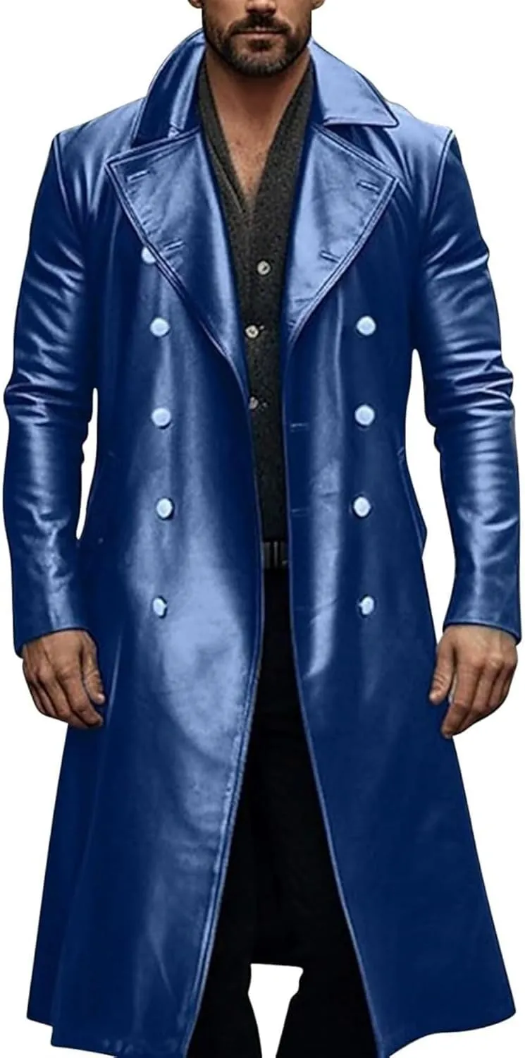 Thatrich Mens Winter Motorcycle Jacket Long Faux Leather Coat Moto Bomber Jacket Steampunk Overcoat Vintage Windbreaker Coats