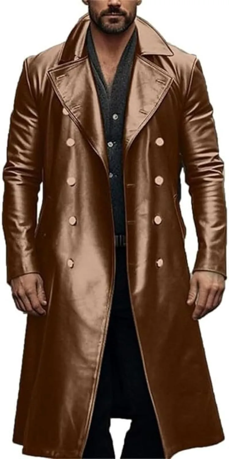 Thatrich Mens Winter Motorcycle Jacket Long Faux Leather Coat Moto Bomber Jacket Steampunk Overcoat Vintage Windbreaker Coats