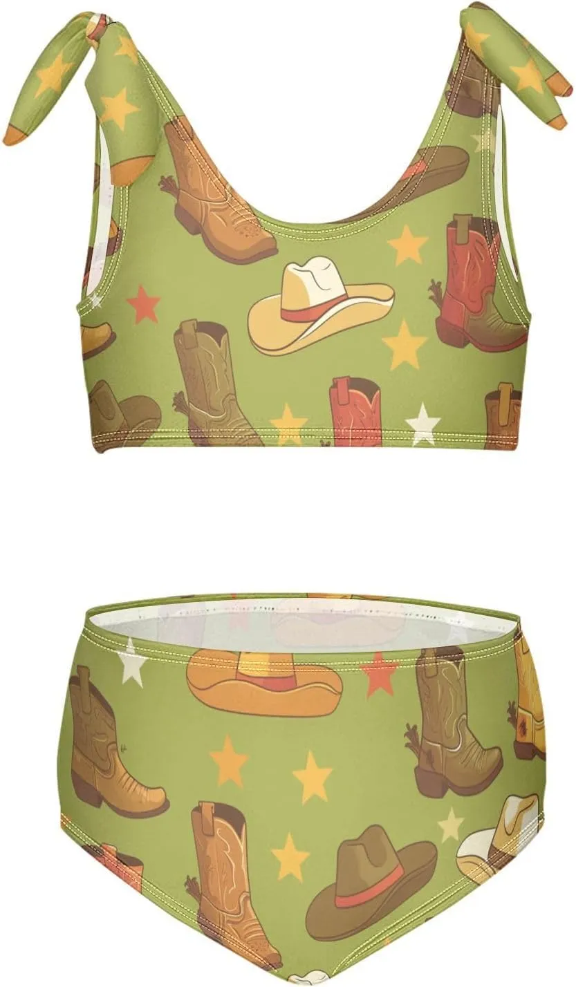 Western Boots Design Boho Scotland Girls 2 Piecing Kids Bikini Set Beach Bathing Suit Swimwear Adjustable Strap