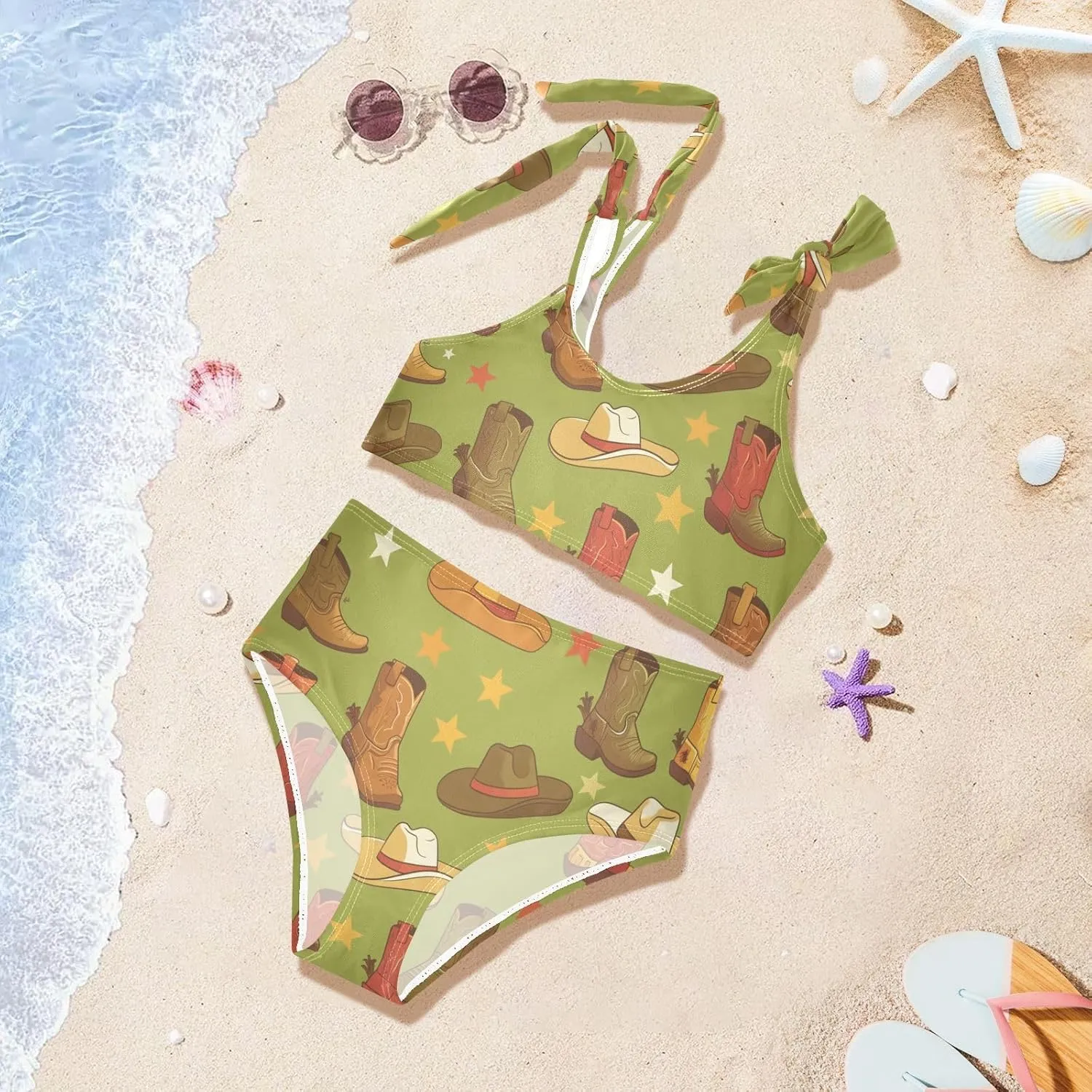 Western Boots Design Boho Scotland Girls 2 Piecing Kids Bikini Set Beach Bathing Suit Swimwear Adjustable Strap