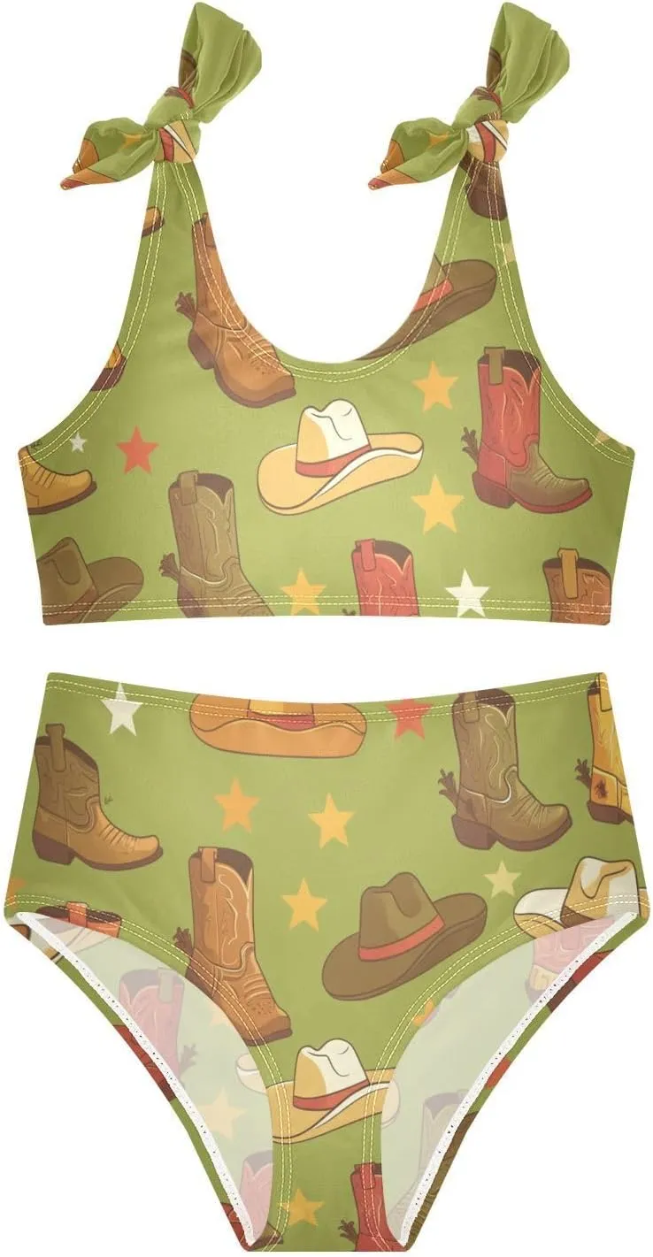 Western Boots Design Boho Scotland Girls 2 Piecing Kids Bikini Set Beach Bathing Suit Swimwear Adjustable Strap