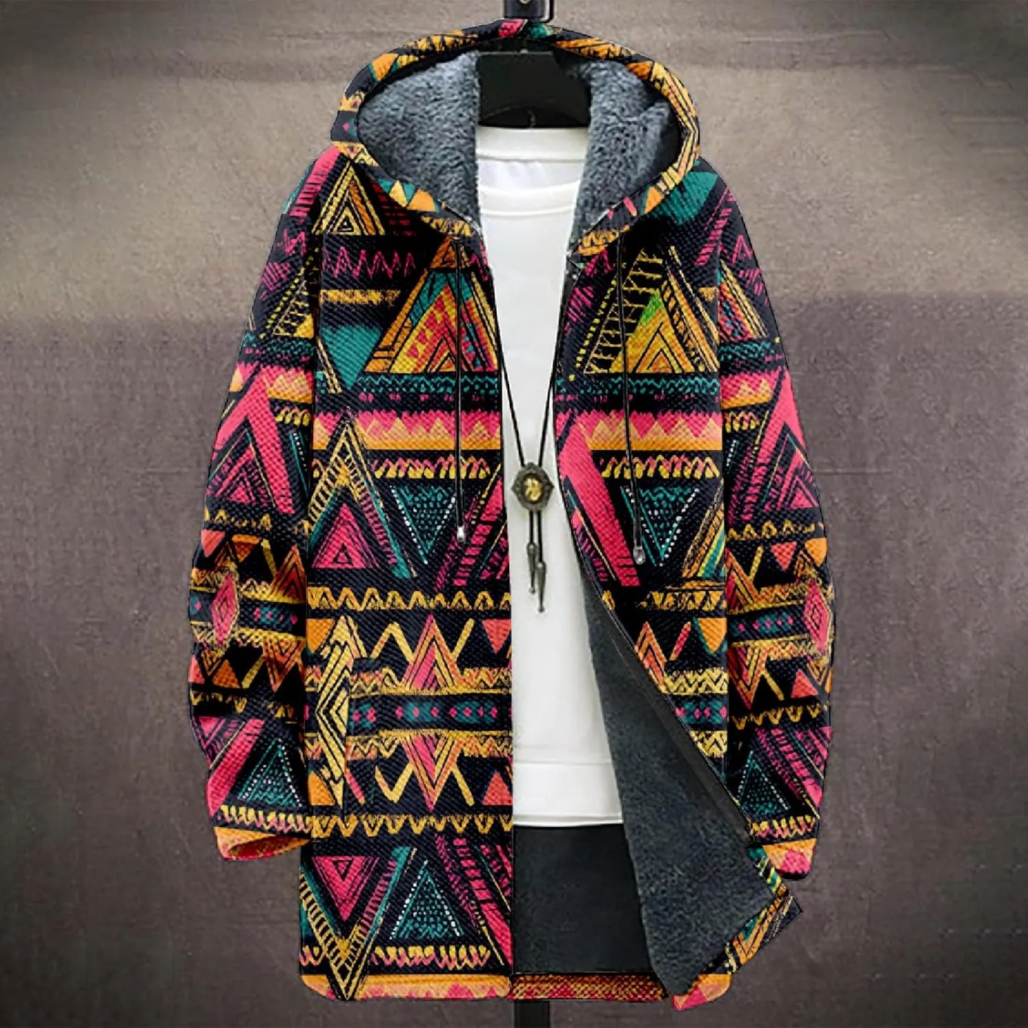 Winter Jackets for Men Thickened Hoodies Long Sleeve Prints Fashion Zip Up Vintage Long Cotton Coats