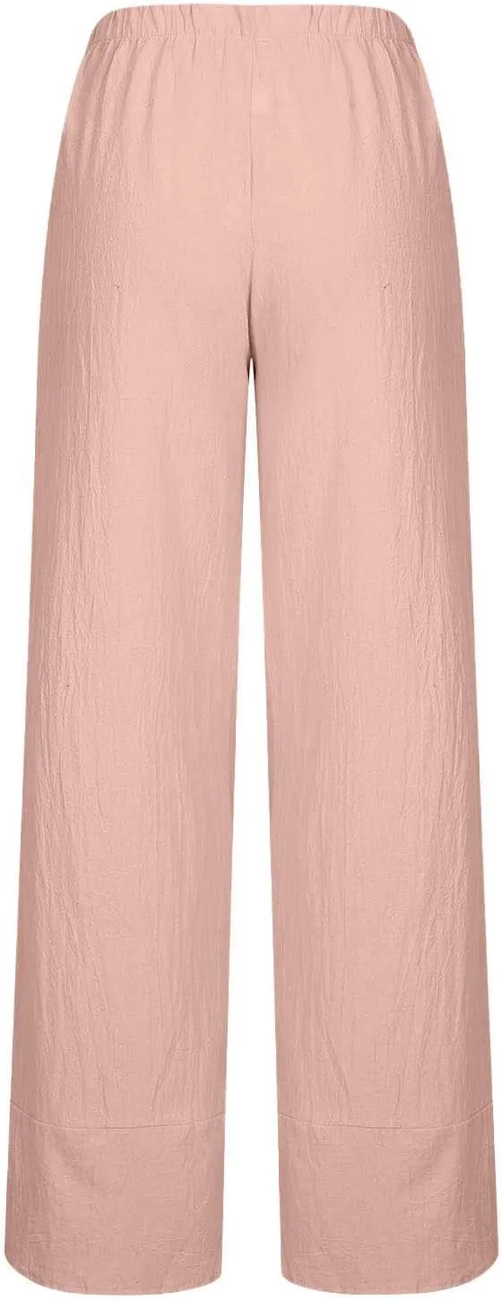 Women's Linen Capri Pants with Pockets Petite Summer Beachwear Lightweight Elastic Waist Pants Casual Tapered Trousers
