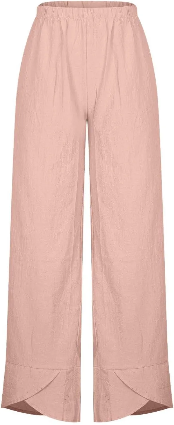 Women's Linen Capri Pants with Pockets Petite Summer Beachwear Lightweight Elastic Waist Pants Casual Tapered Trousers