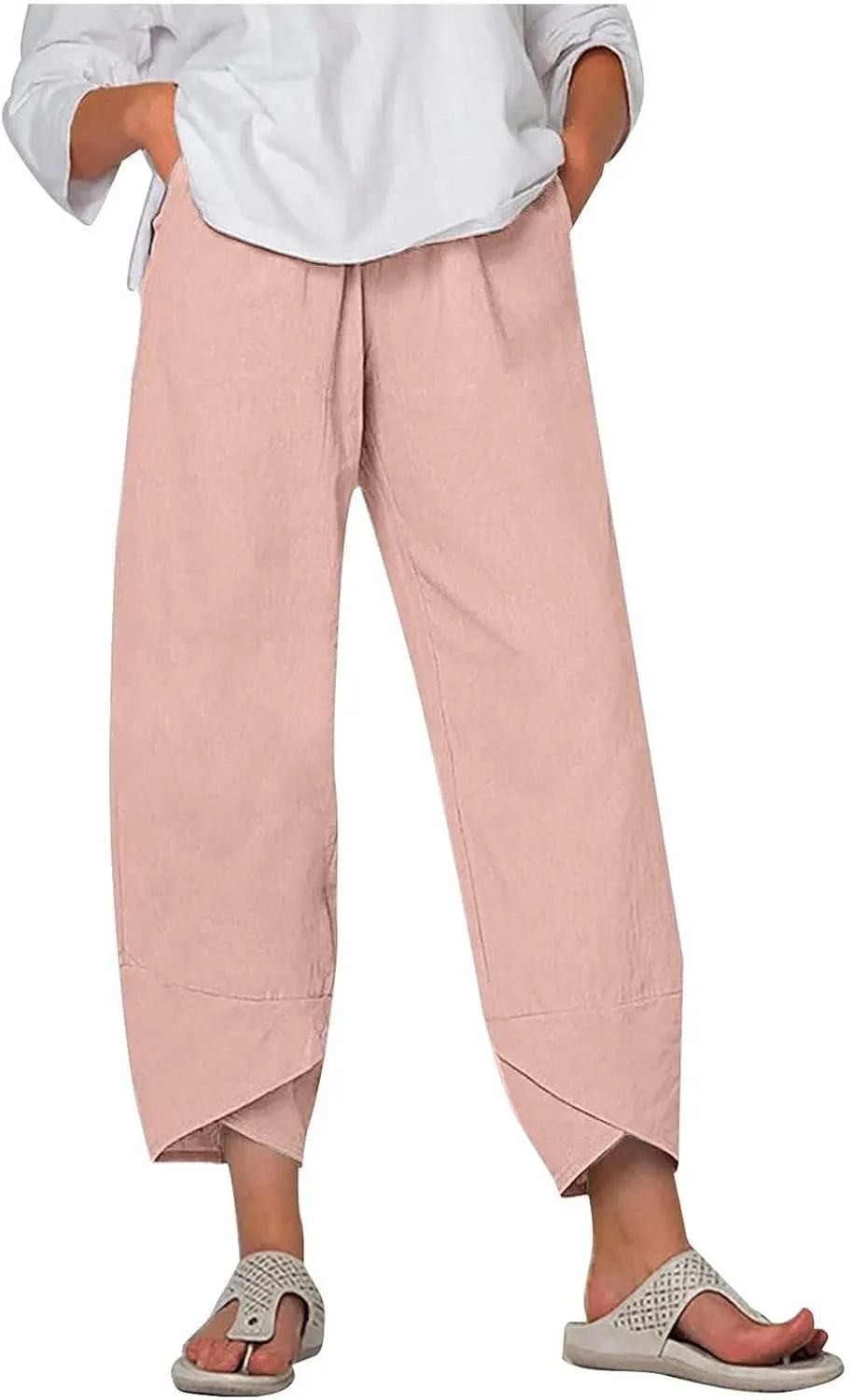 Women's Linen Capri Pants with Pockets Petite Summer Beachwear Lightweight Elastic Waist Pants Casual Tapered Trousers