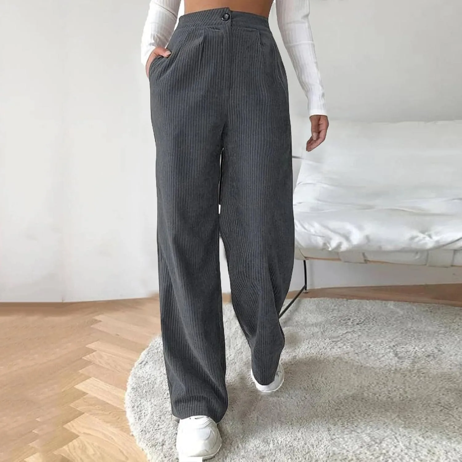 Womens Wide Leg Pants Corduroy High Waist Retro Straight Leg Trousers Casual Work Sweatpants Bottom Spring Fall Trendy